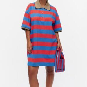 Marimekko Red Blue Short Sleeve Striped Shirt Dress Size M NWOT